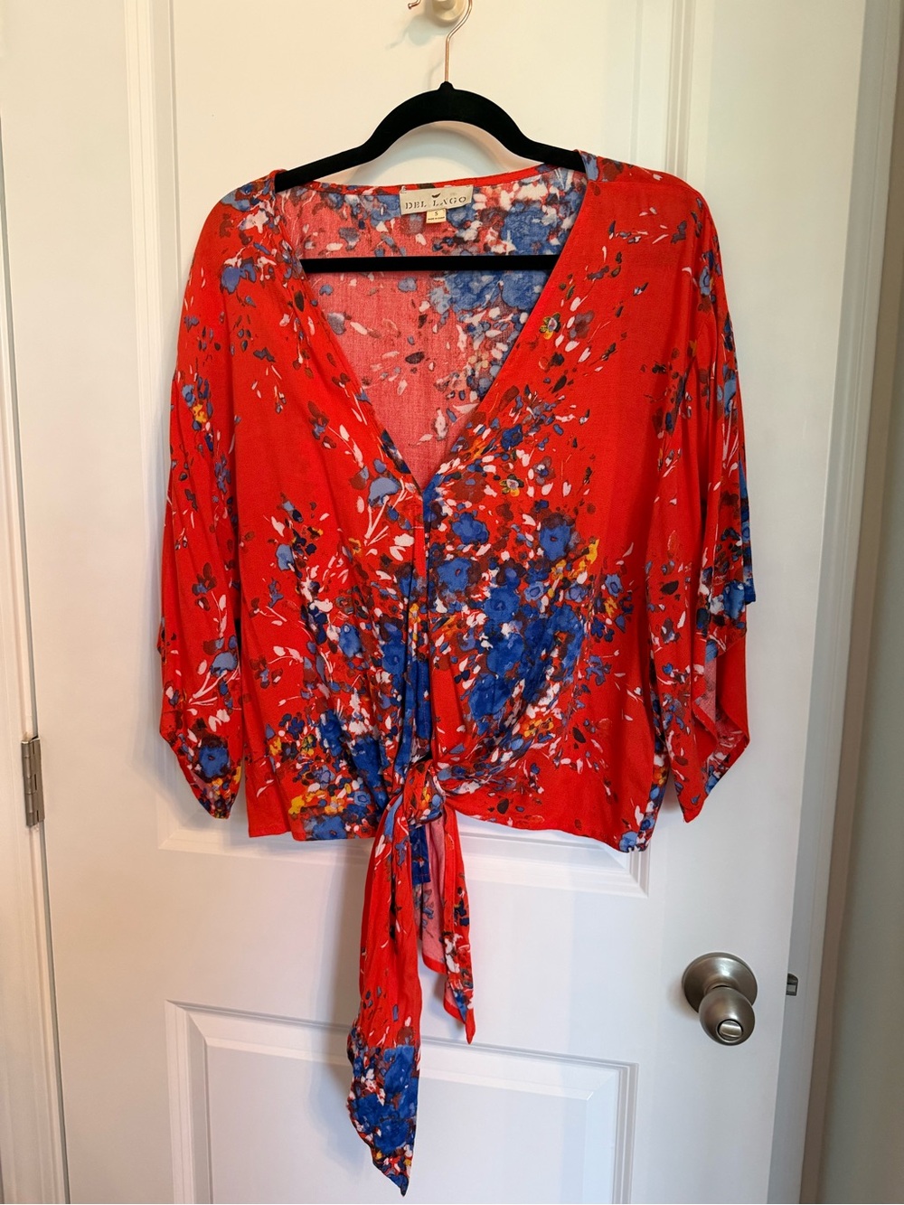Red Floral Tie-Front V-Neck Blouse